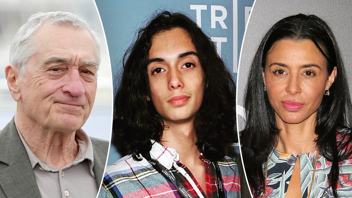 Robert De Niro at Cannes has a smirk on his face split Leandro De Niro Rodriguez in a plaid shirt on the carpet split Drena De Niro in a colorful dress with a cutout at the top