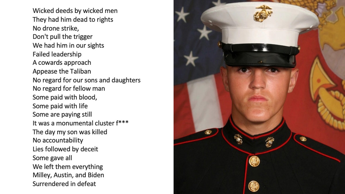 poem by jim mccollum next to a portrait of LCPL Rylee James McCollum in his uniform
