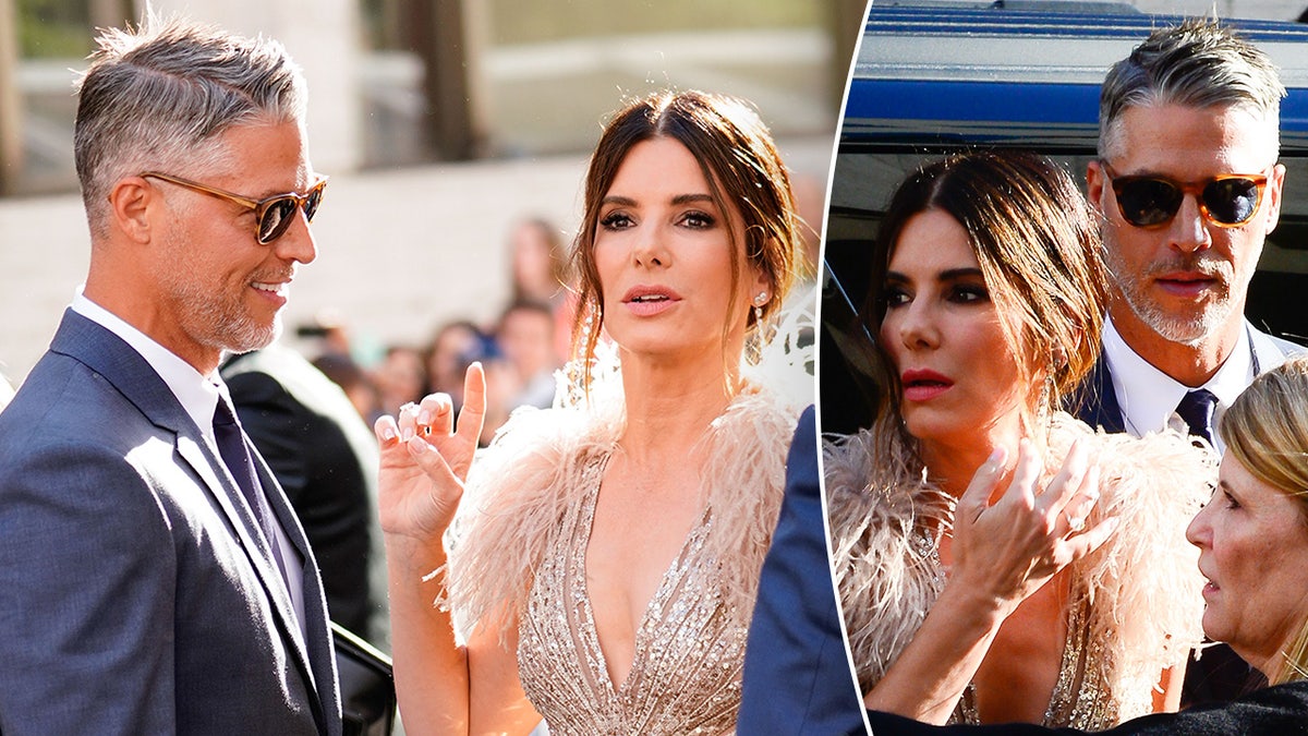 Sandra Bullock in a champagne colored sequined dress with feathers on the shoulders looks like she's saying something to partner Bryan Randall at a movie premiere inset photo of them getting out of the car