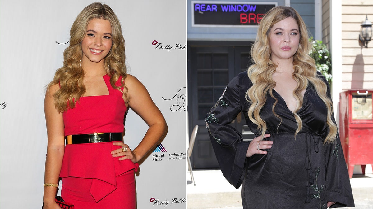 Sasha Pieterse in a pink dress that is belted with her left hand on her hip in 2013 split Sasha Pieterse in a black flowy gown on the Warner Bros. set in 2017