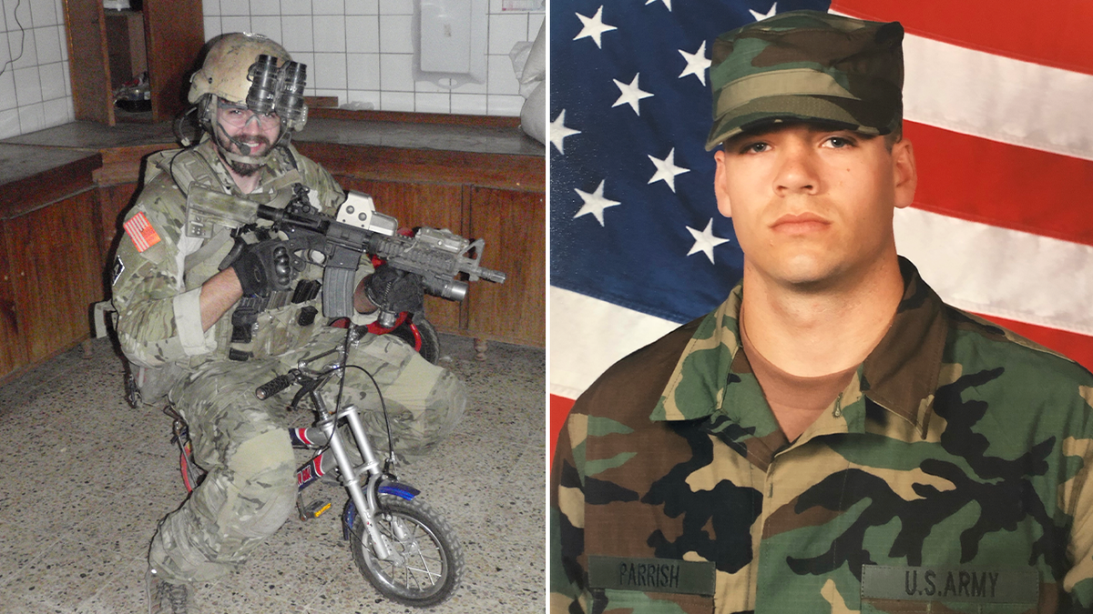 Matt Parrish in Army uniform and gun on a tiny bicycle next to photo of Matt Parrish posed in front of American flag