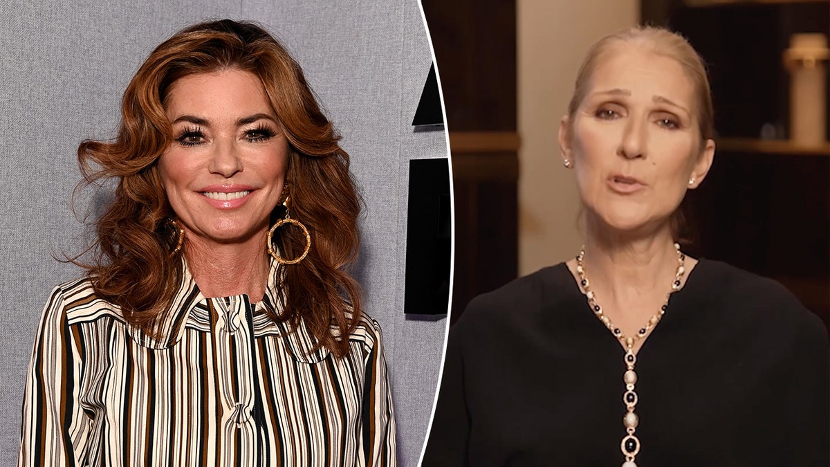 Shania Twain in a striped dress and large dangly hoop earings smiles on the carpet split Céline Dion in a black outfit and gold chain talks to the camera