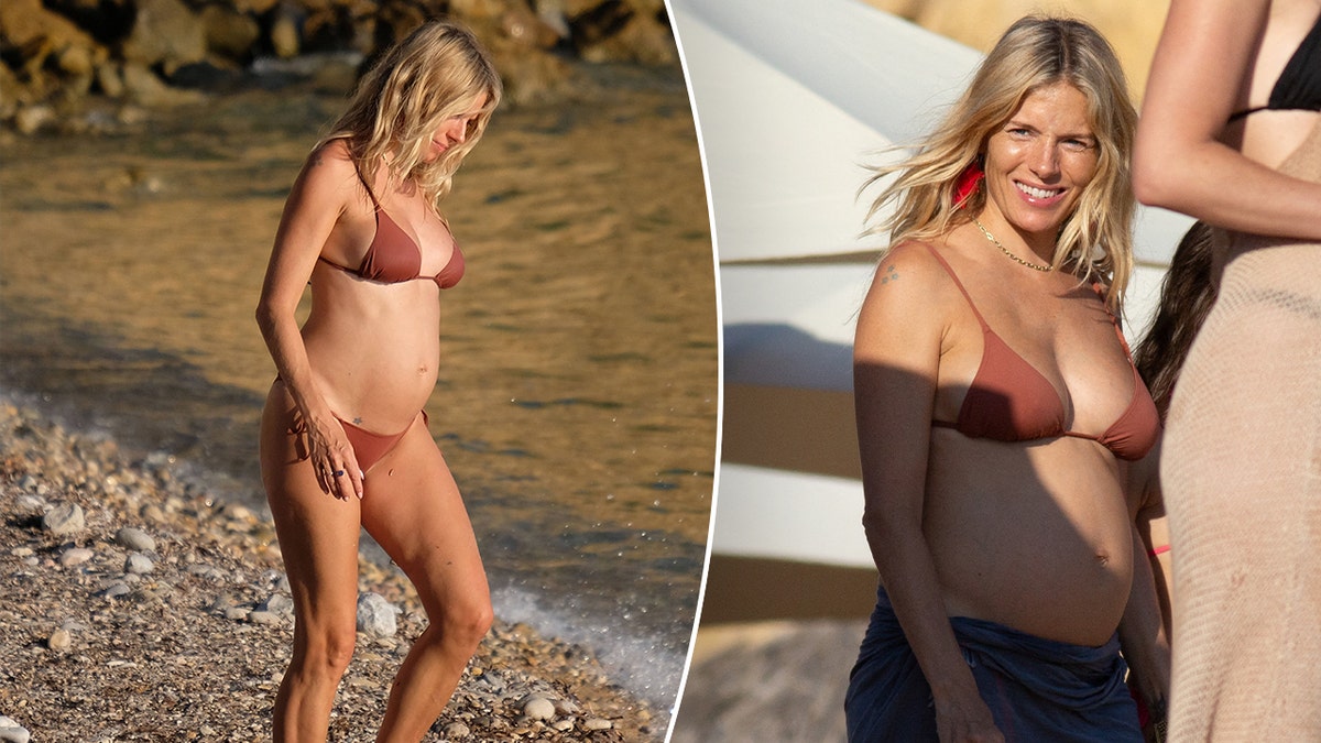 Sienna Miller in bikini showing off baby bump