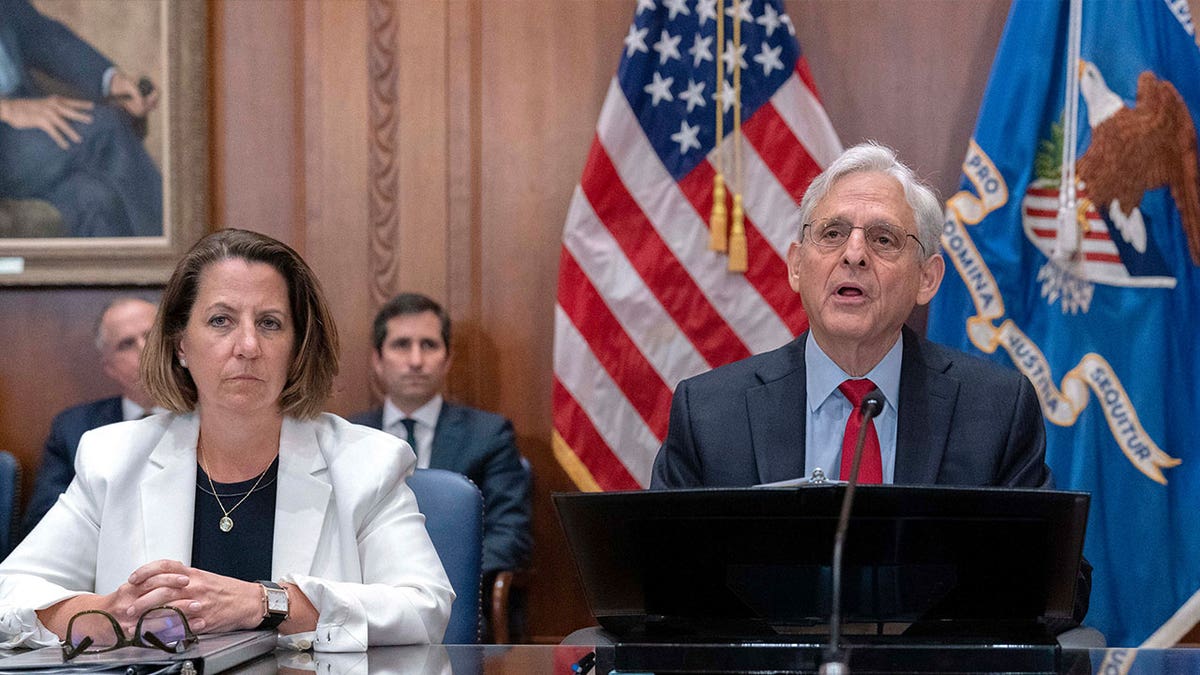 Attorney General Merrick Garland accompanied by Deputy Attorney General Lisa Monaco 