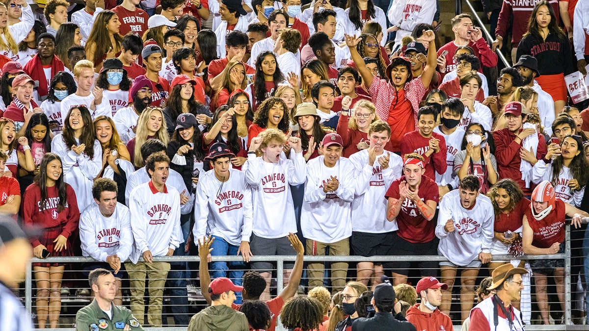 Students in the stands at a college football game
