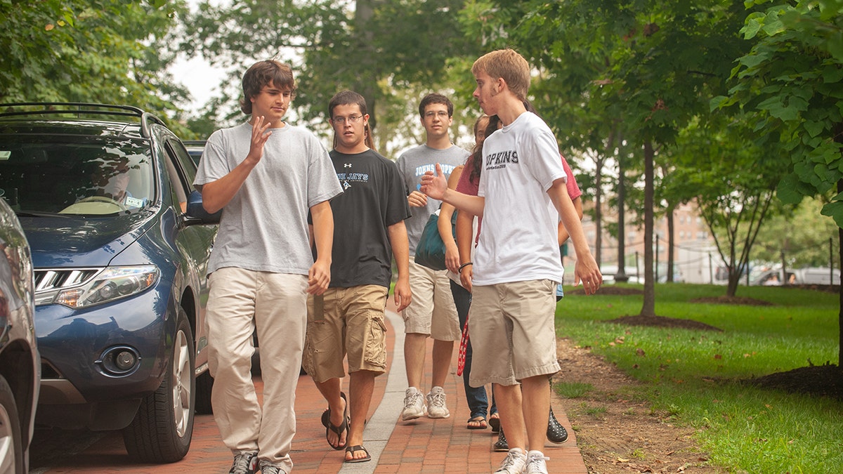 Students walking around college campus