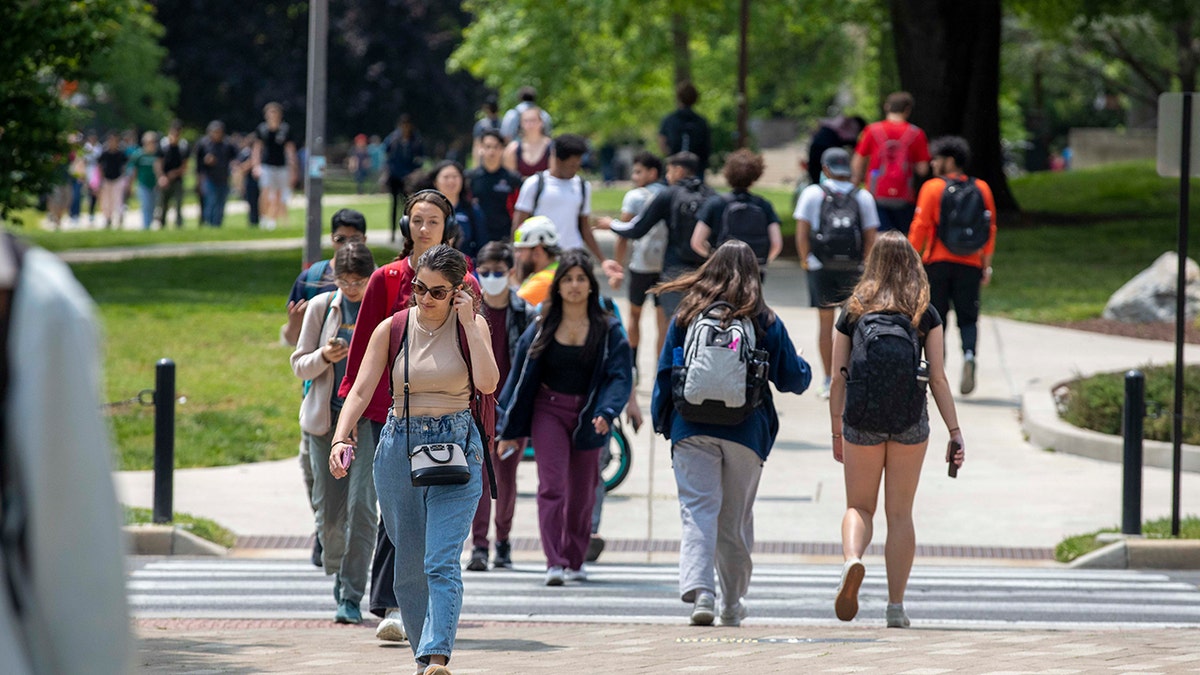 Students walking around college campus