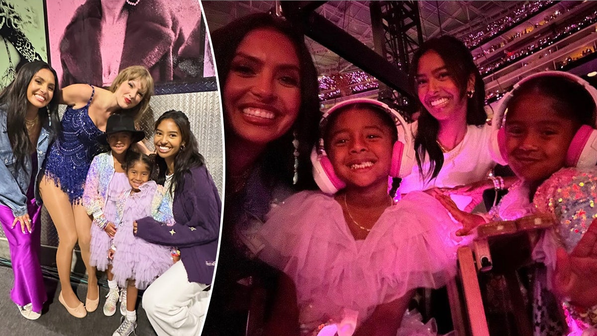 Vanessa Bryant in a purple skirt and Jean Jacket poses with Taylor Swift in her blue 'Midnight's era costume who poses with Bianka and Capri in matching outfits and Natalia holding Capri split Vanessa with her daughters watching Taylor Swift perform with her younger daughters wearing earphones
