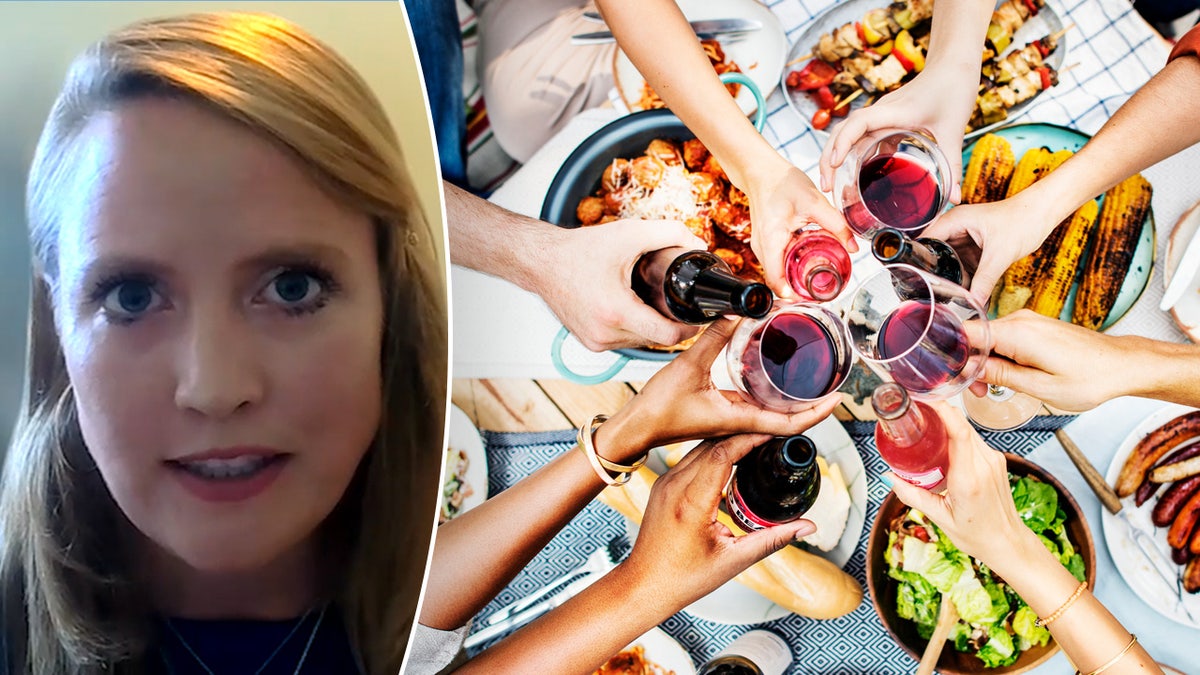 Teresa Mull, a blonde woman, in a photo split with a group cheersing over dinner with red wine