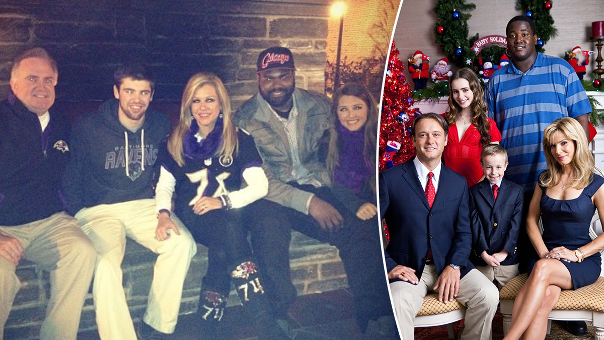 Picture of the Tuohy family and Michael Oher sitting on a fireplace bench smiling for a photo split Tuohy Family/Michael portrayed in the movie "The Blind Side" posing for a family photo