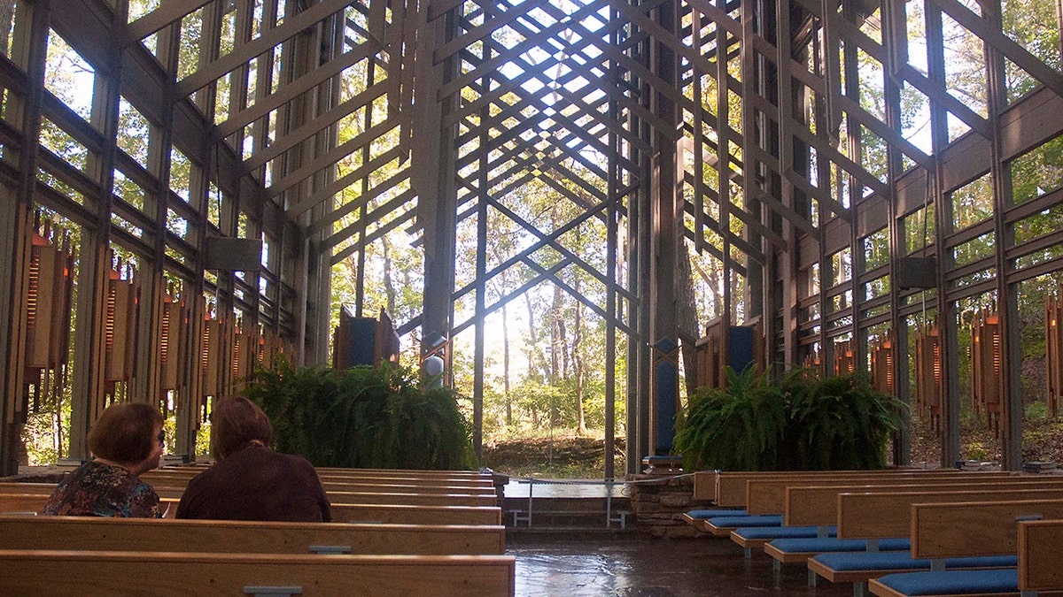 The interior of Thorncrown Chapel in Arkansas
