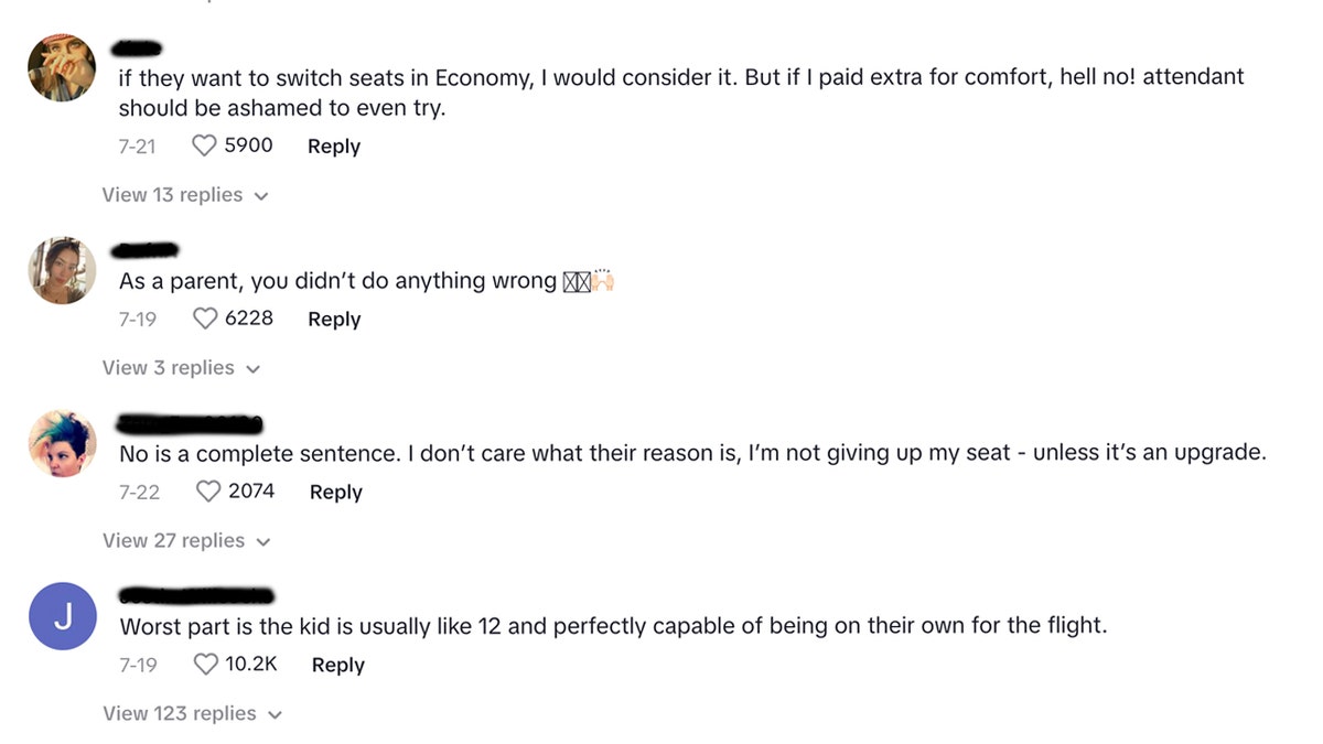screenshot of tiktok comments supporting woman who refused to switch seats