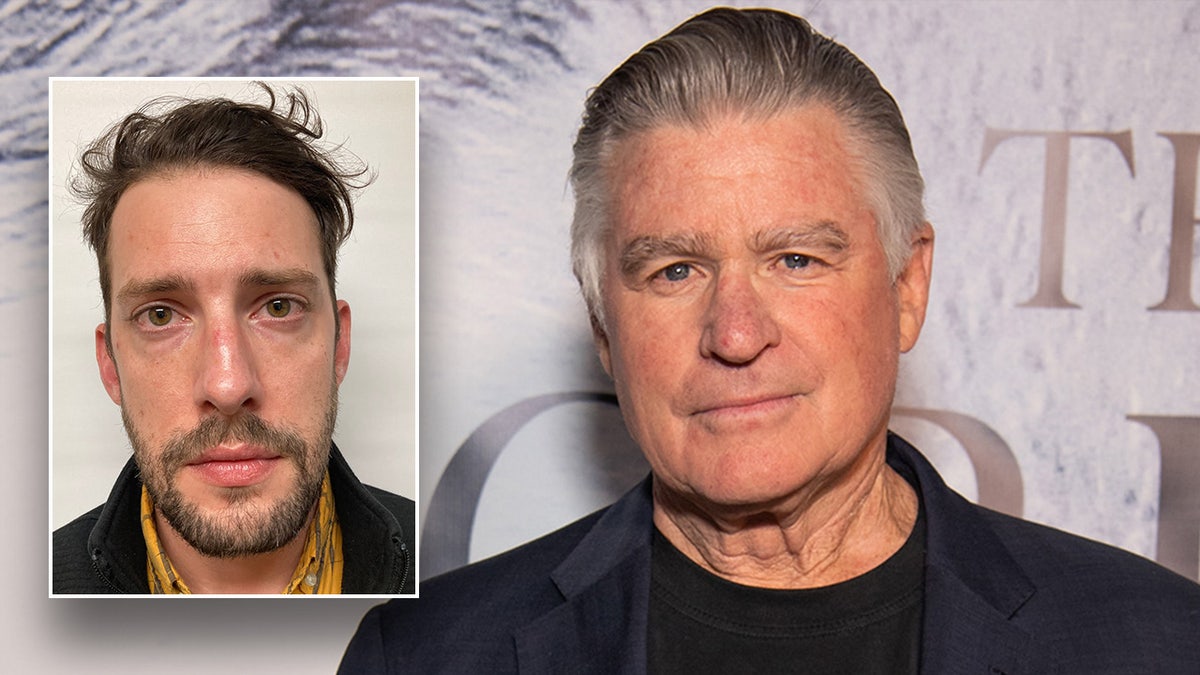 Treat Williams looks directly at the camera on the carpet, inset photo of Ryan M. Koss, charged with grossly negligent operation resulting in Williams' death