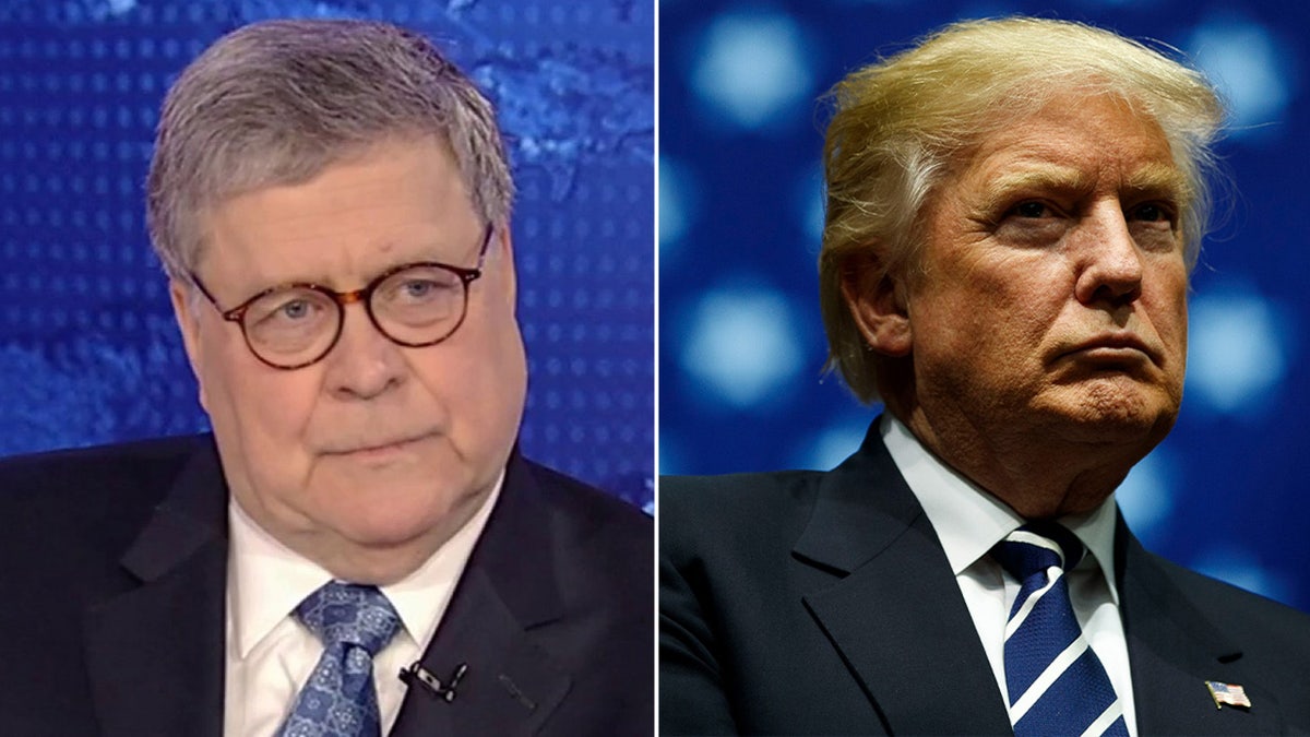 una foto en paralelo de Bill Barr y Donald Trump