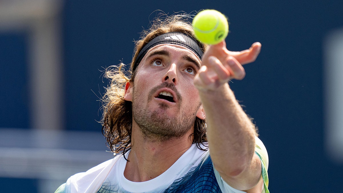 Stefanos Tsitsipas about to serve