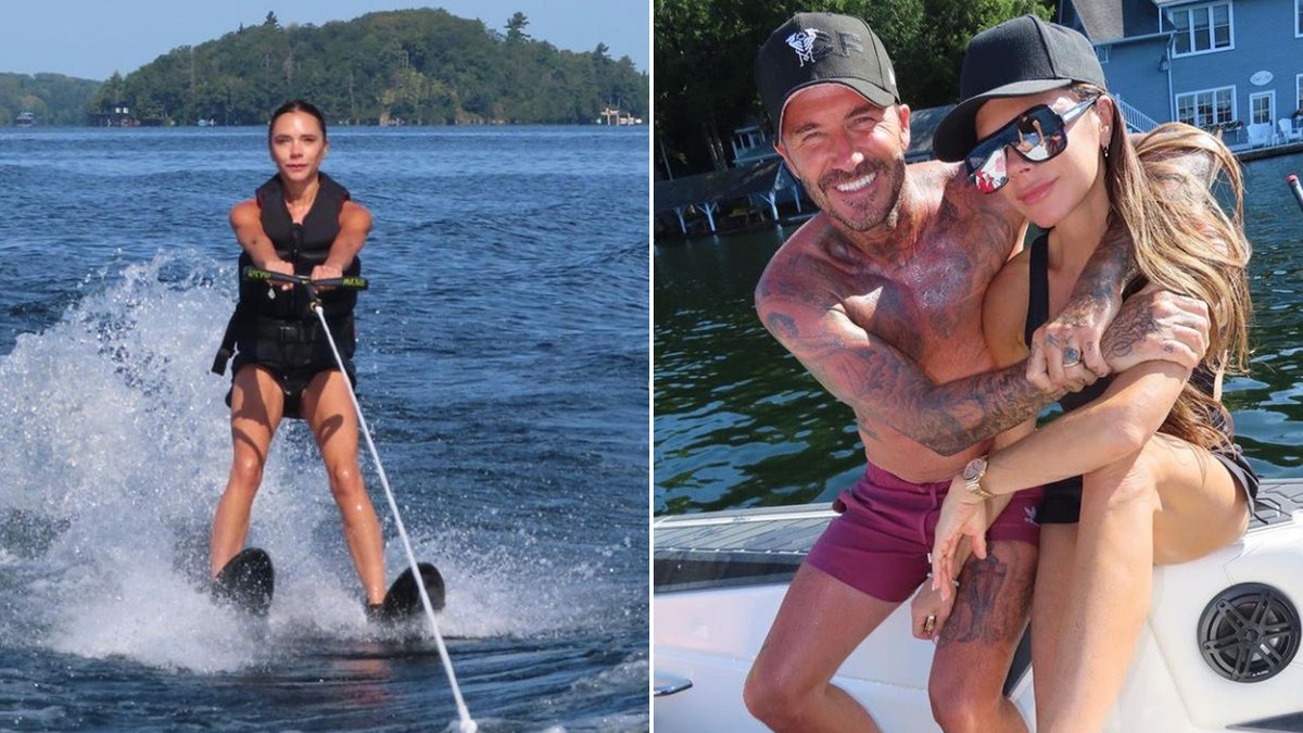 Victoria Beckham waterskiing and hugging David Beckham