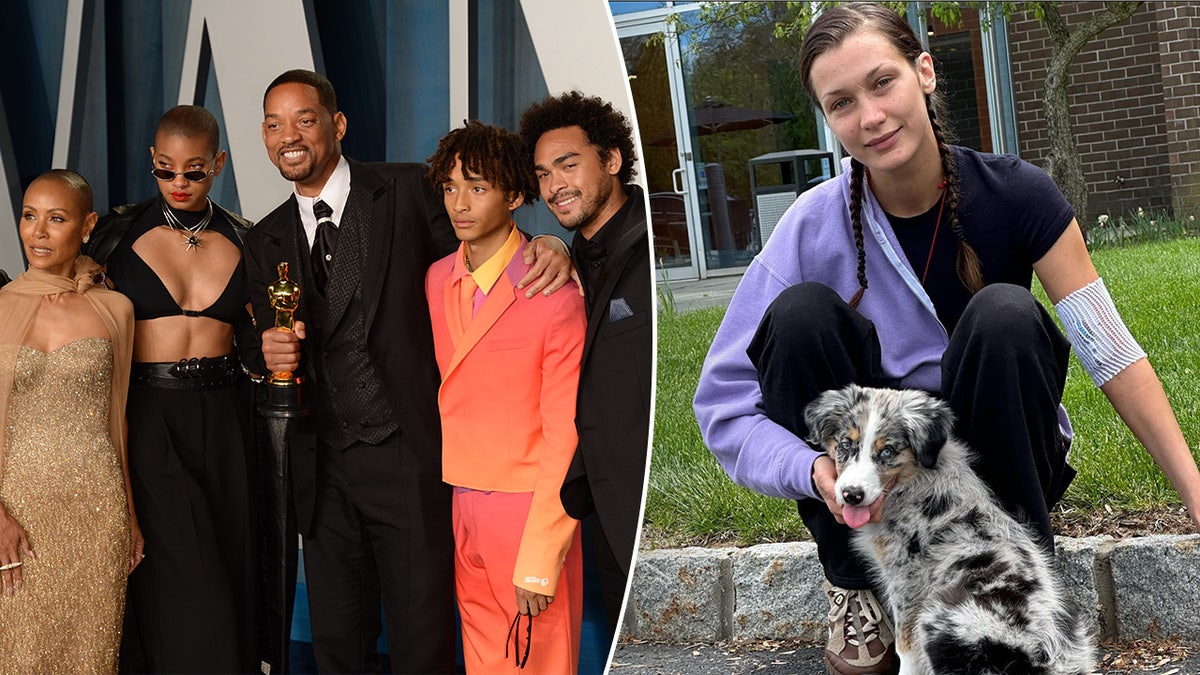Will Smith and his family, Jada and three kids on the carpet after he won an Oscar split Bella Hadid sitting on a curb with her dog looking sick with a bandage around her elbow