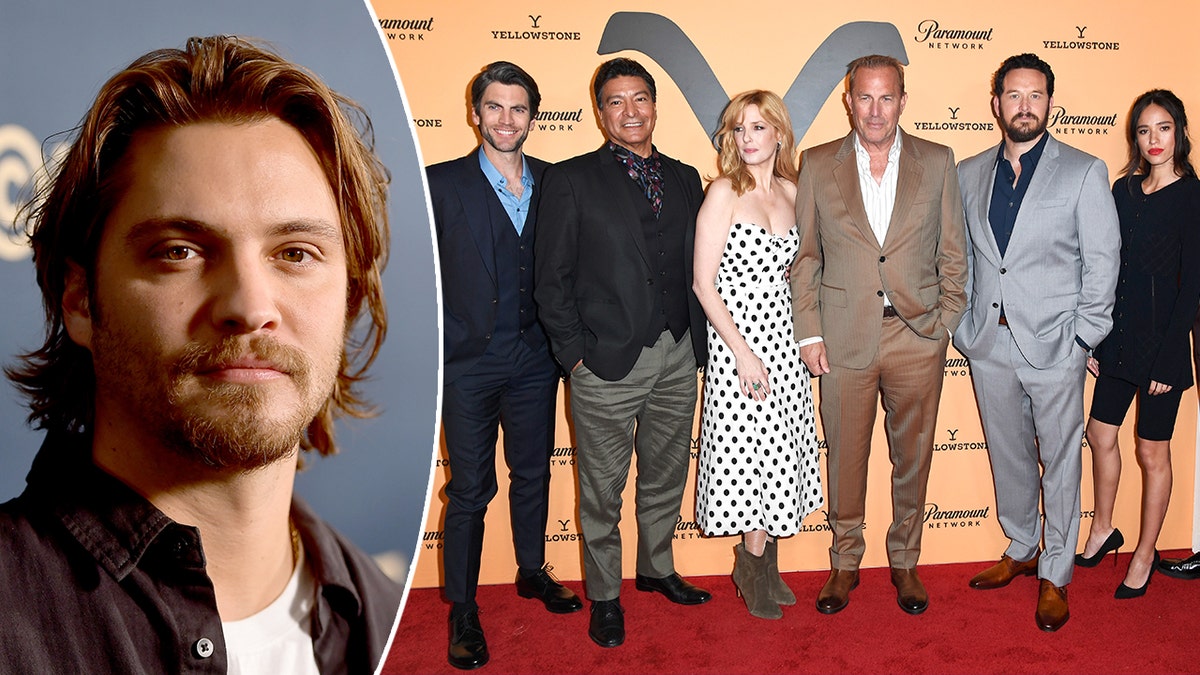 side-by-side close up photo of Luke Grimes and photo of "Yellowstone" cast