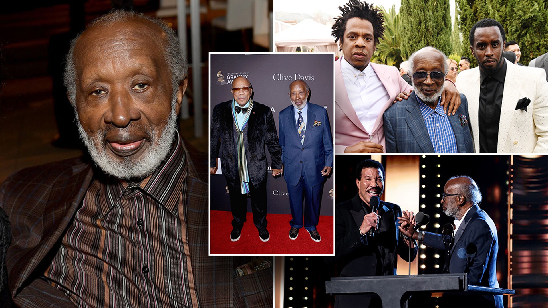 Stitch of photos of Clarence Avant with celebrities including Jay-Z, Sean "Diddy" Combs, holding hands with Quincy Jones and on stage with Lionel Richie