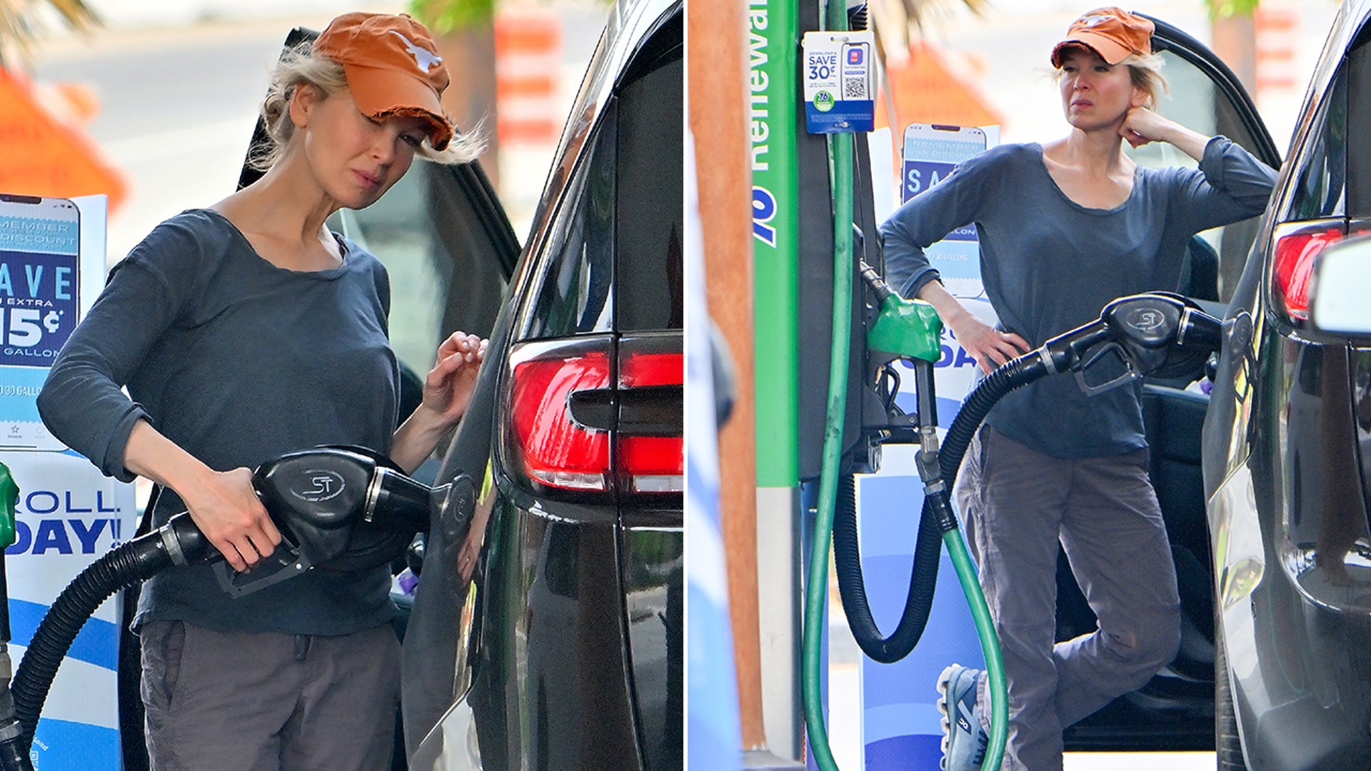 Renee Zellweger pumping gas in Brentwood, California