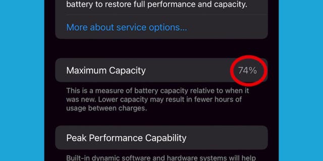 iPhone'da %74 Maksimum Kapasitenin ekran görüntüsü