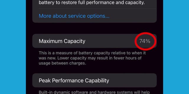 Screenshot of Maximum Capacity at 74% on an iPhone