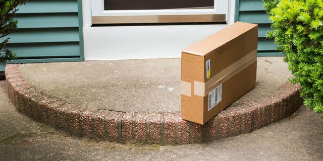 Brown package on a cement step in front of a door