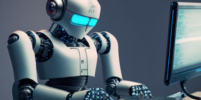 Stock image shows a robot typing on a computer