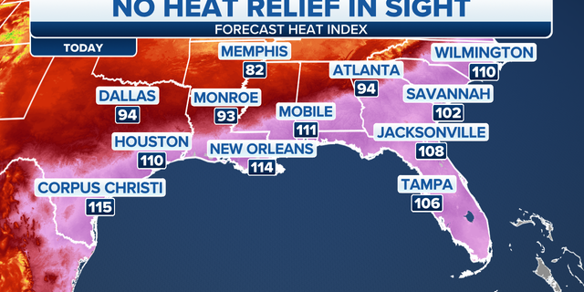 Southern heat index forecast map