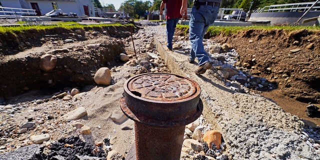 A sewer pipe is exposed