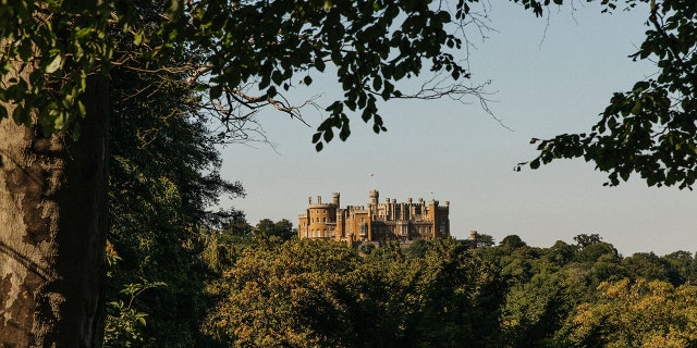 A landscape view of Belvoir Castle surrounded by trees