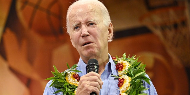 Biden Hawaii in blue shirt, wearing lei, holding microphone