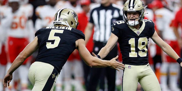 Blake Gillikin celebrates a game-winning field goal