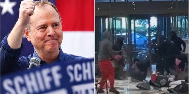 Adam Schiff, left, smash/grab crime scene right