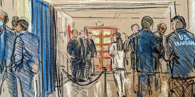 A courtroom sketch depicts the hallway outside of the courtroom