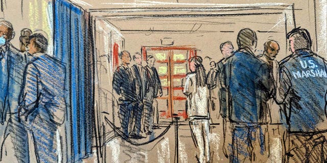 A courtroom sketch depicts the hallway outside of the courtroom