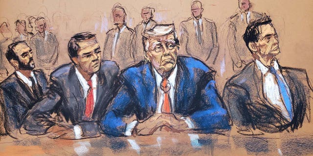 A court sketch of Donald Trump