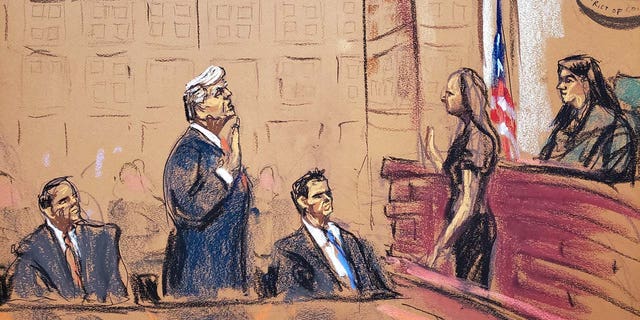 A court sketch of Donald Trump