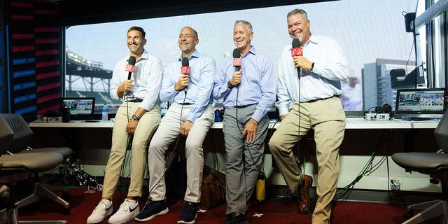 Former Braves players in the broadcast booth 