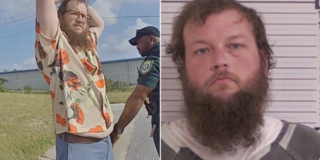 Side-by-side photo of a Georgia man being detained and his mugshot, respectively.