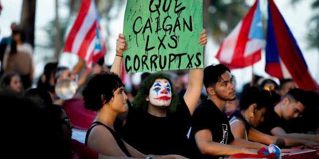 Puerto Rico protester holds corruption sign