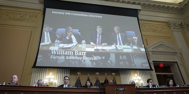 Bill Barr on screen during a Jan. 6 House committee hearing