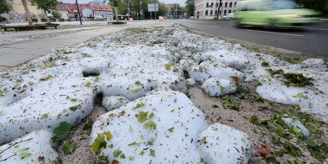 Hail stones on ground