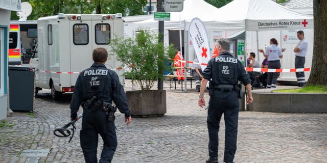 German police walk the stabbing crime scene