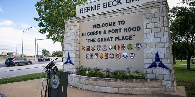 Fort Cavazos main gate with old Fort Hood signage