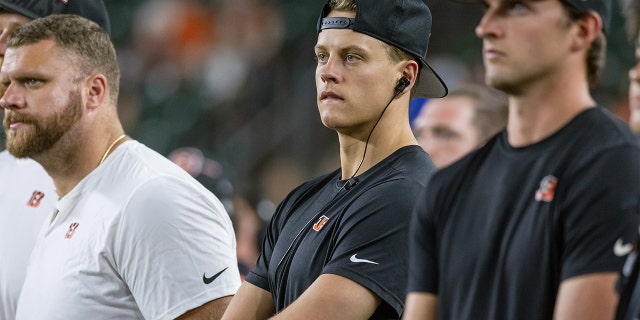 Joe Burrow watches from the sidelines