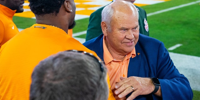 Phillip Fulmer watches a Tennessee bowl game in 2020