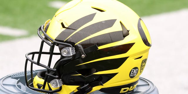 A Oregon Ducks helmet at the Senior Bowl