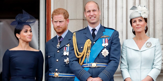 Meghan Markle, Prince Harry, Prince William and Kate Middleton wearing formal wear on the buckingham palace balcony