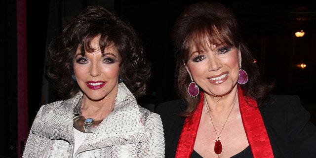 Joan Collins wearing a snakeskin jacket and jackie collins wearing a black and red dress